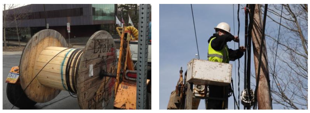 man working on fiber poles and wooden wheel of fiber wires