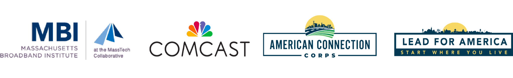 Logos for MBI, Comcast, American Connection Corps, and Lead for America