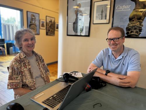 Easthampton Media (E.Media) Executive Director Jeff Mastroianni pictured with GoDigital Easthampton learner.